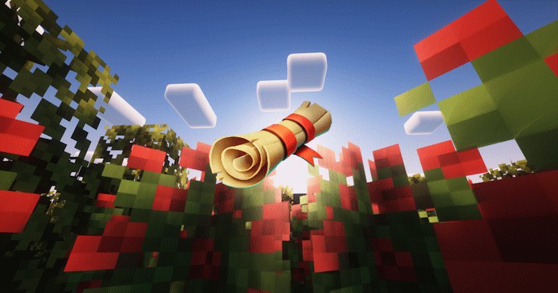 Parchemin doré sur un champ de coquelicots, dans Minecraft