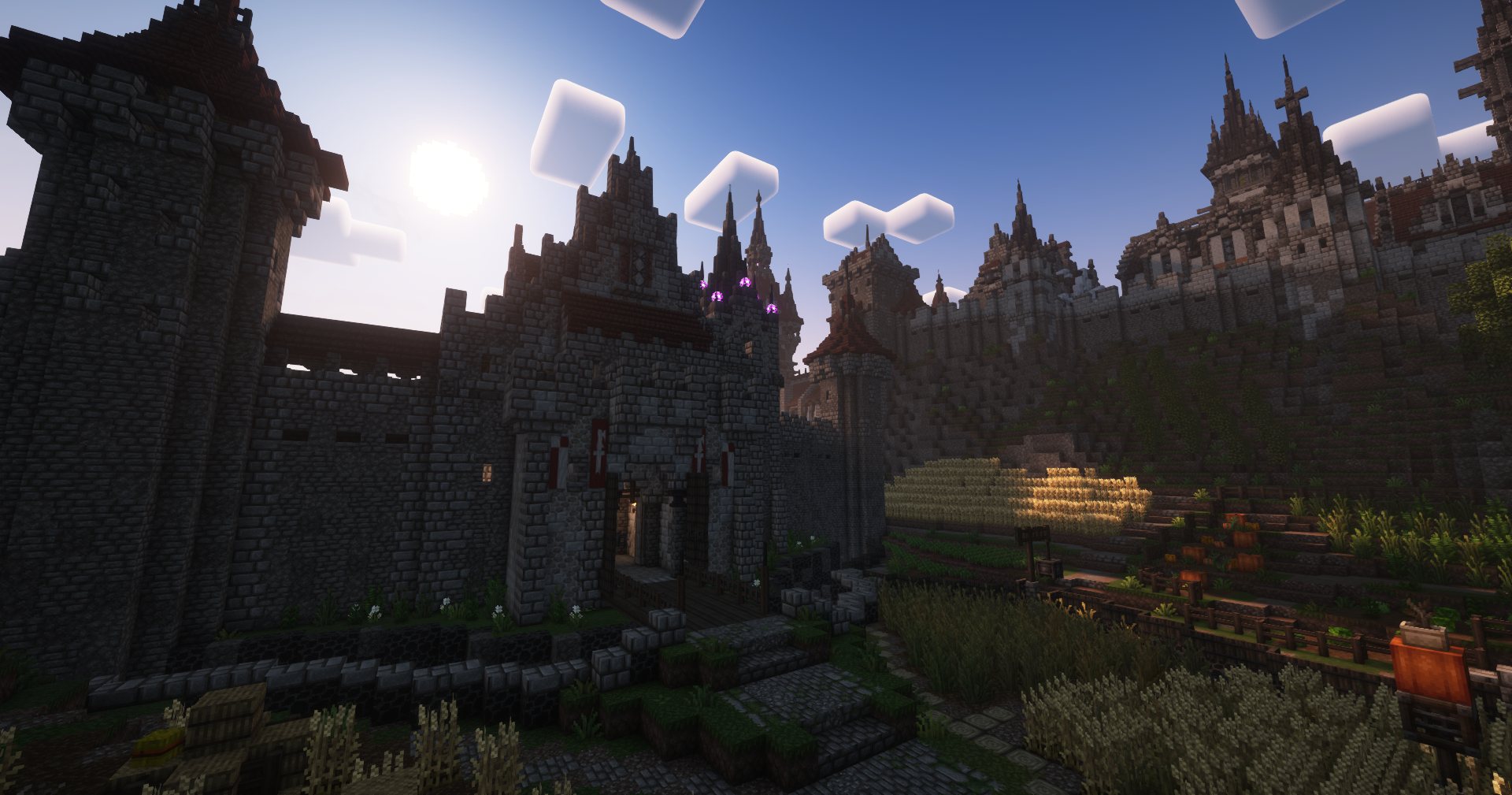 Château sombre et jardins dans la pénombre
