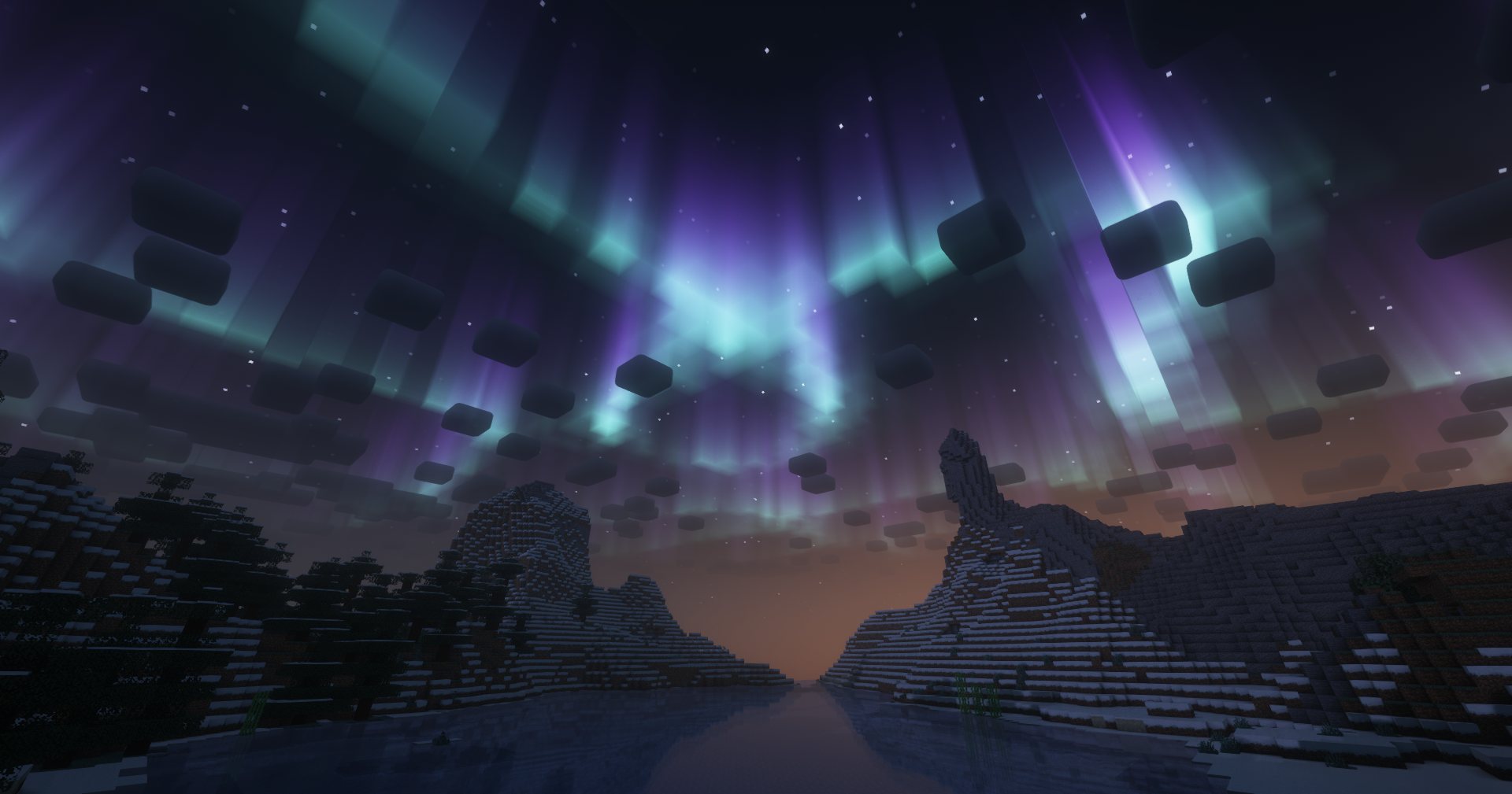 Aurores boréales au-dessus d’un paysage Minecraft