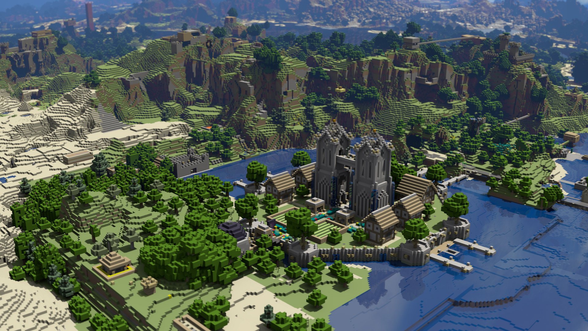 Vue aérienne d’un village, de forêts et de montagnes