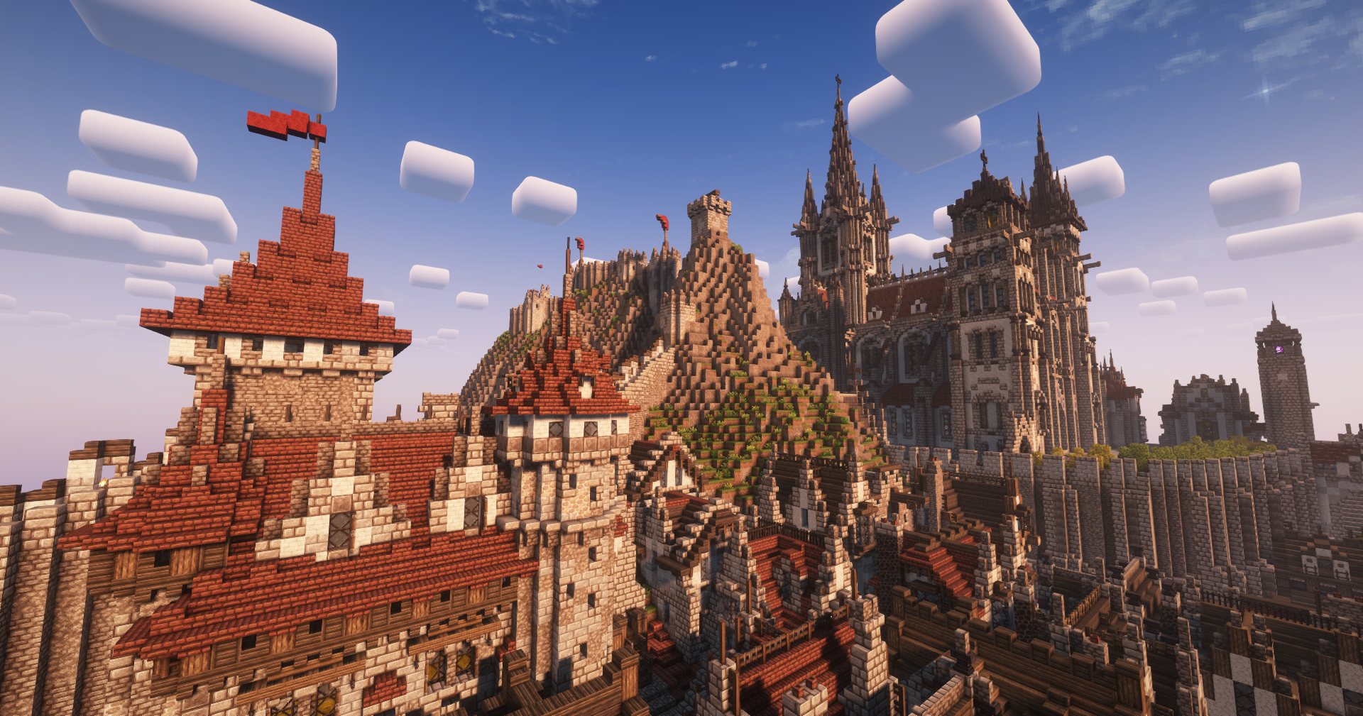 Ville médiévale Minecraft d’AlpheosCraft aux toits rouges