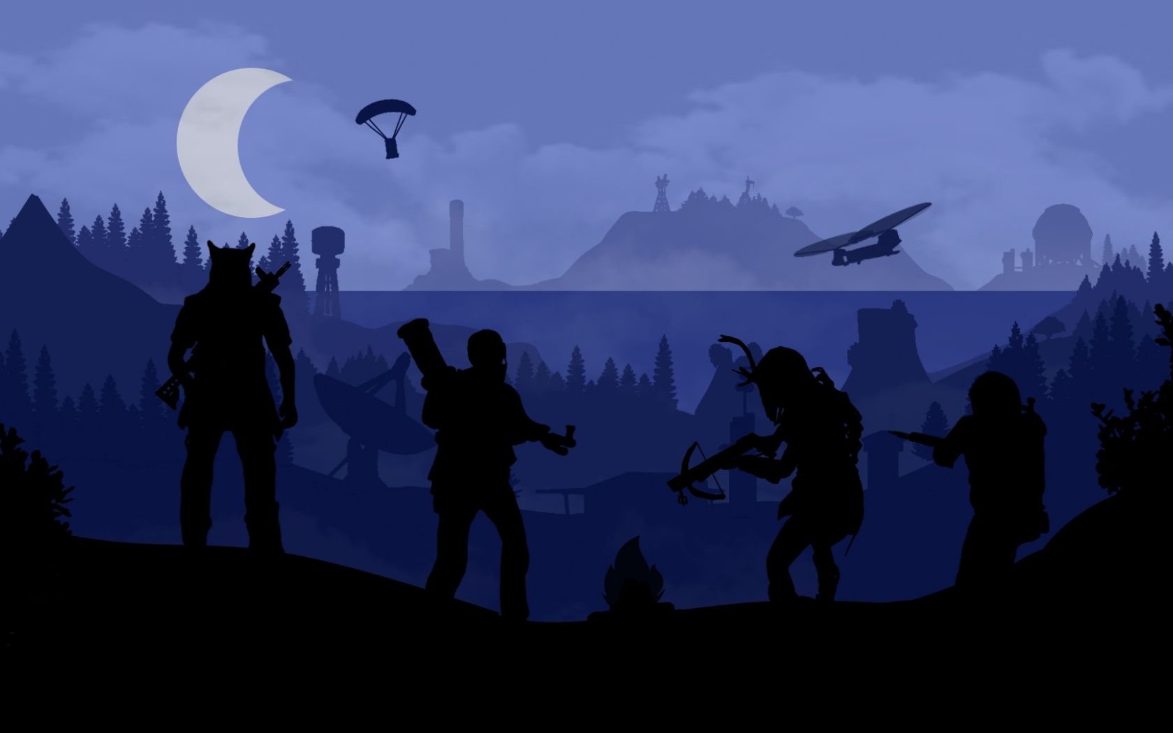 Silhouettes de survivants armés sous un clair de lune bleu