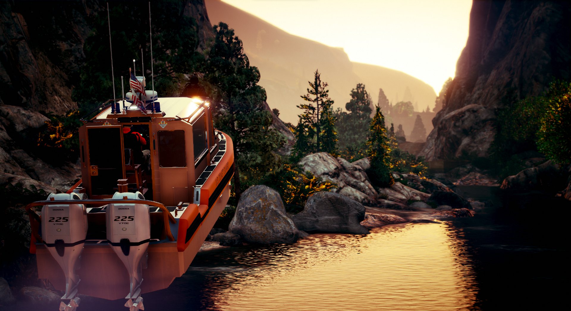 Bateau de sauvetage sur un lac au coucher du soleil