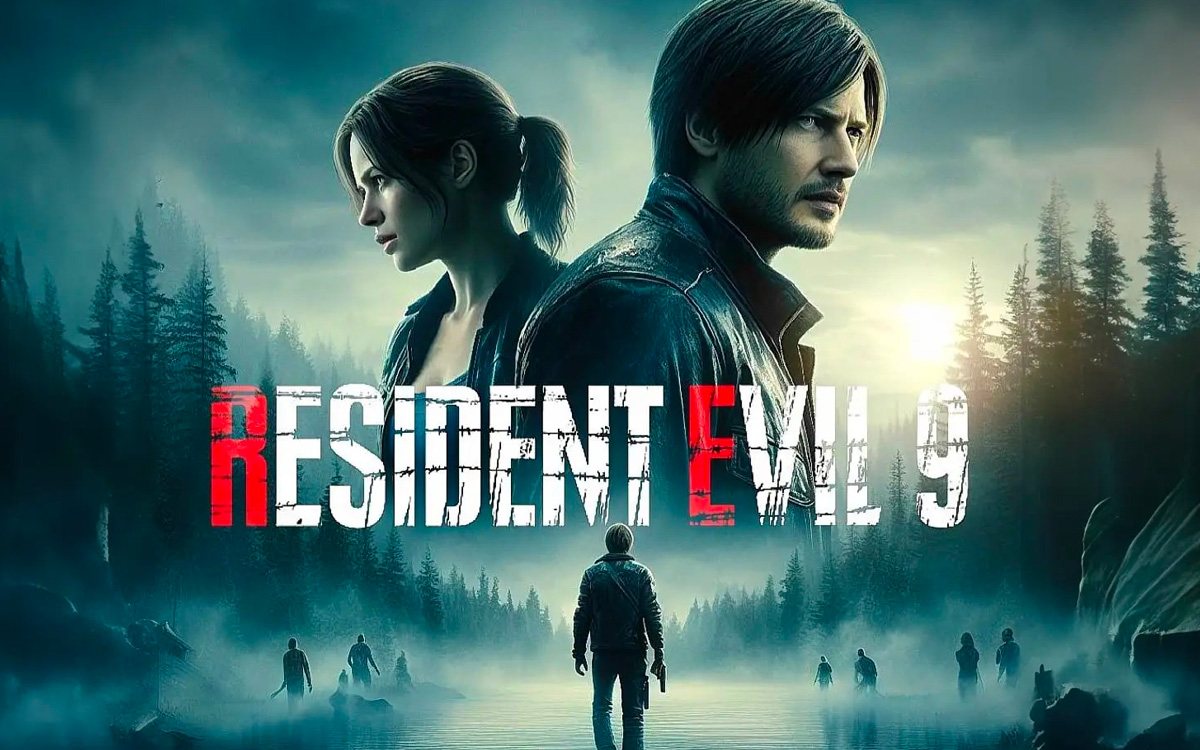 Affiche de Resident Evil 9 : deux personnages dans une forêt brumeuse