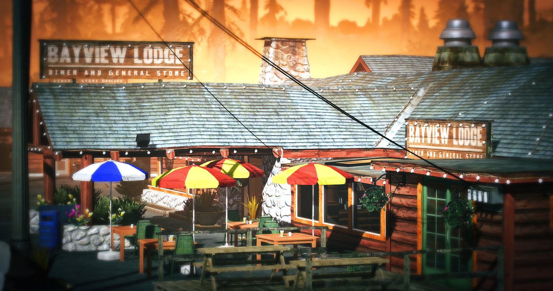 Le Bayview Lodge et sa terrasse aux parasols colorés
