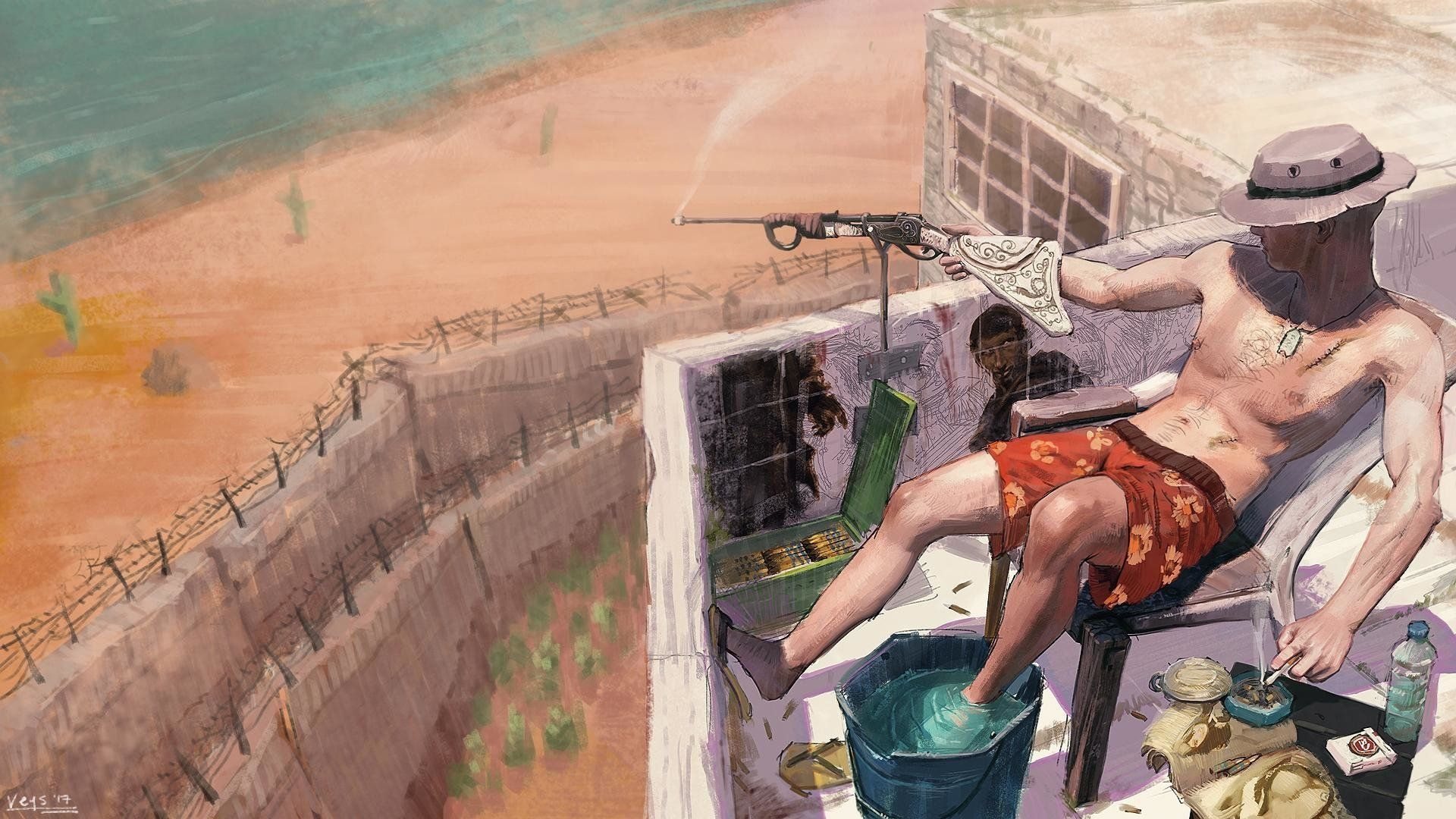 Illustration humoristique d’un survivant de Rust prenant son bain dans sa base