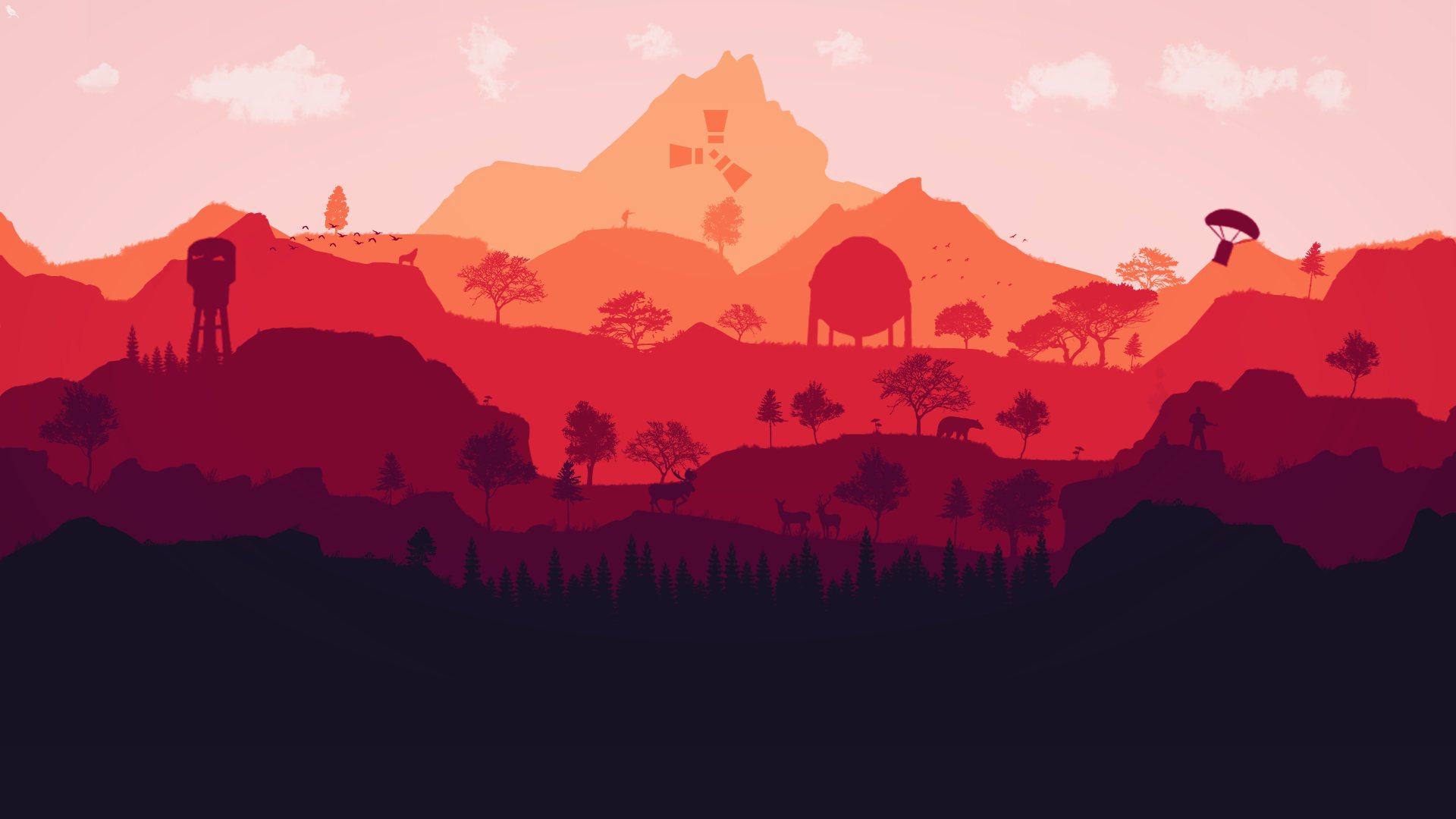 Paysage stylisé rouge et orangé avec parachutistes et avion