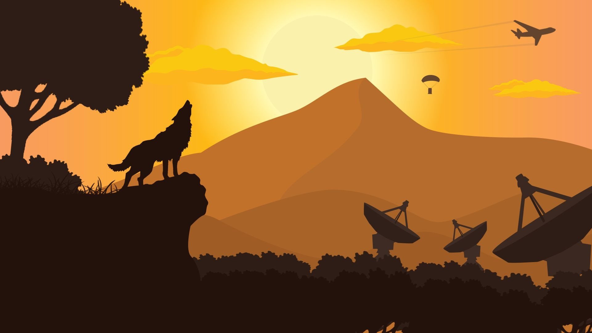 Silhouette d’un loup et d’un arbre au soleil couchant, paysage stylisé de Rust