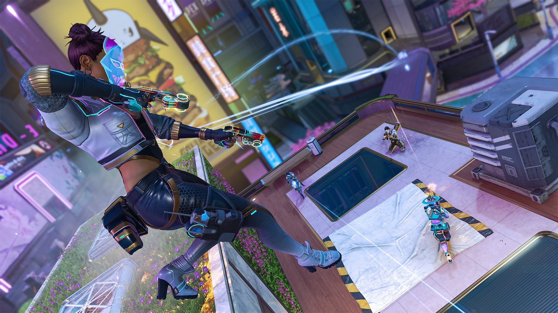 Légende d’Apex Legends en plein saut, arme à la main